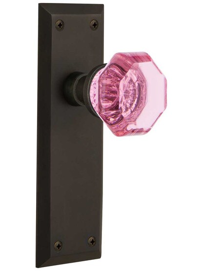 New York Door Set with Colored Waldorf Crystal Glass Knobs Pink in Oil-Rubbed Bronze.